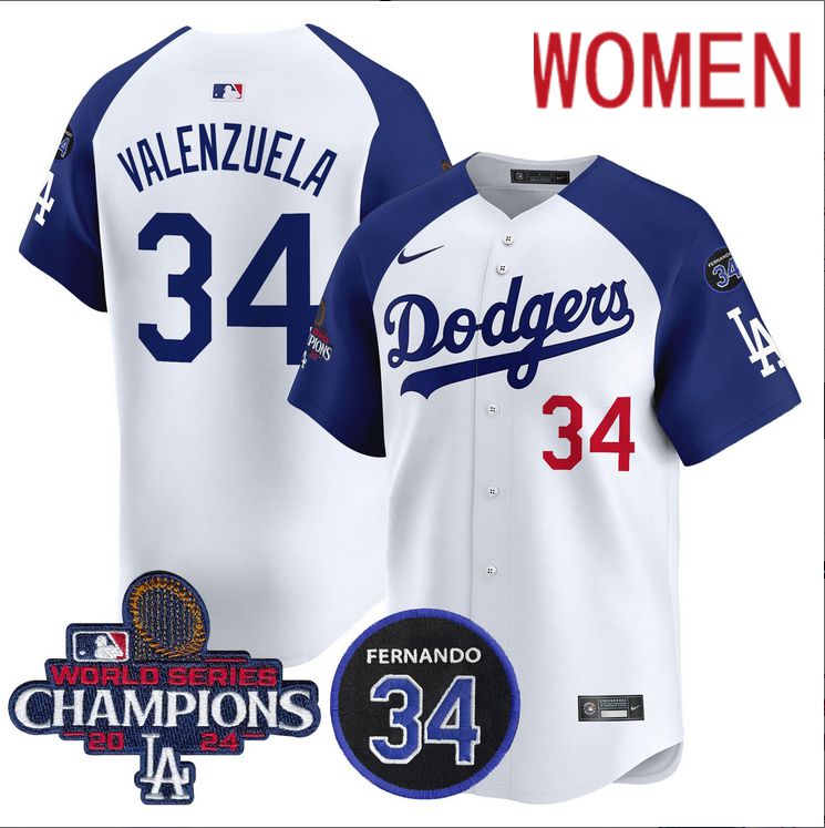 Women MLB Los Angeles Dodgers #34 Valenzuela white 2024 World Series Champions Patch Limited Jersey style 2->women mlb jersey->Women Jersey